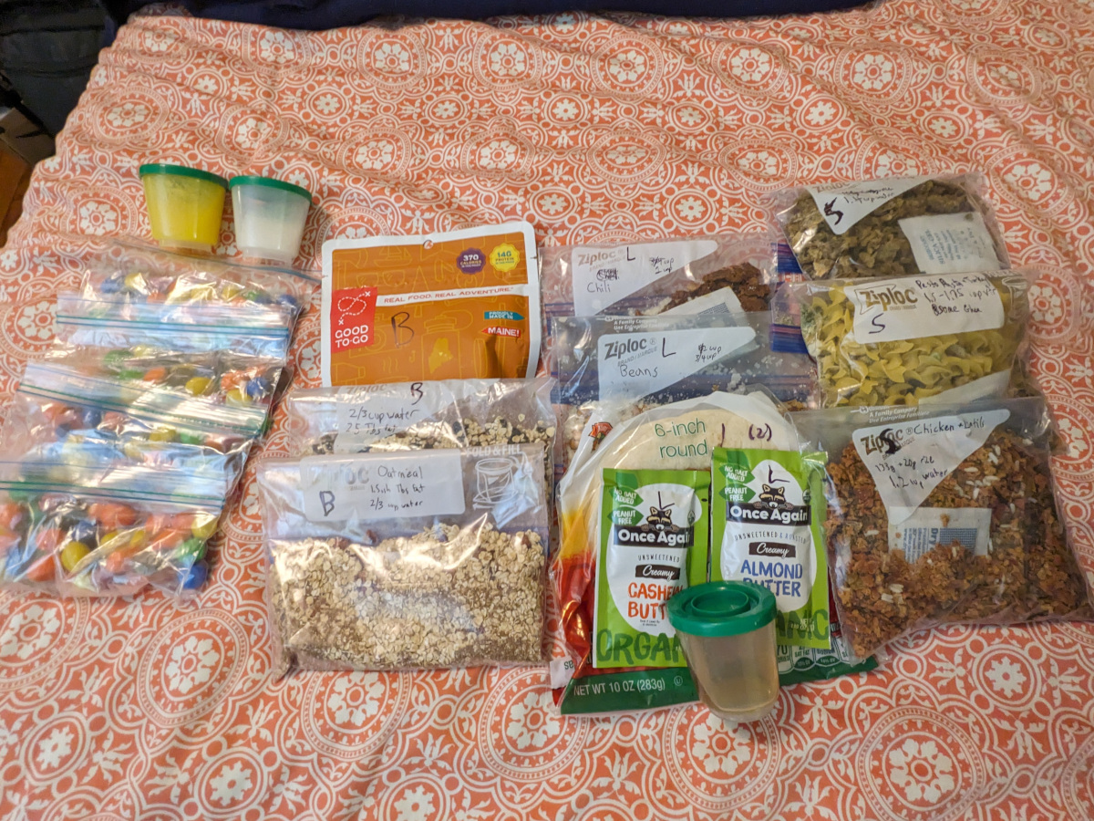 Backpacking meals spread out