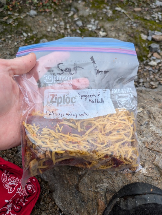 Dehydrated spaghetti and meatballs in a Ziploc bag