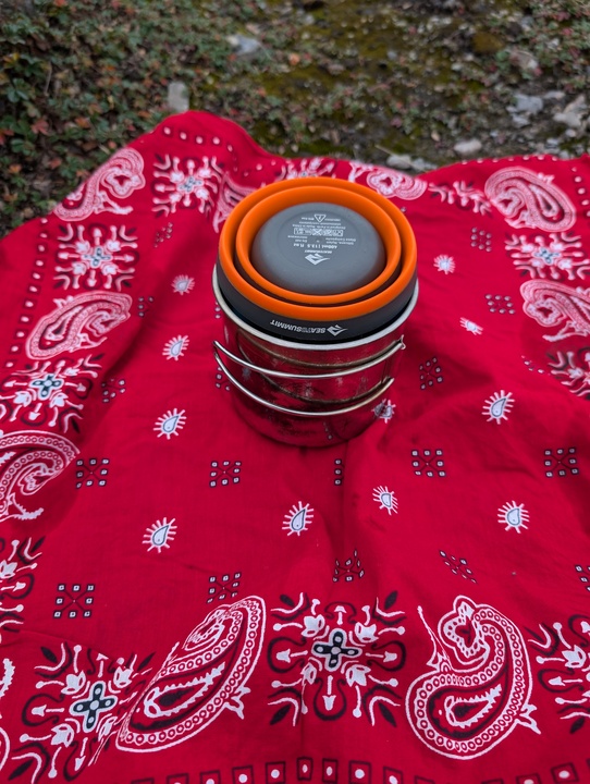 Cook set components packed into cook pot with collapsed cup as lid