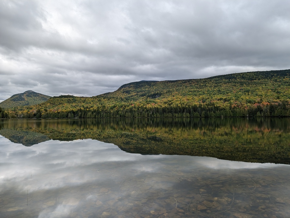 Panorama of calm lake with mountains in background and reflected on lake