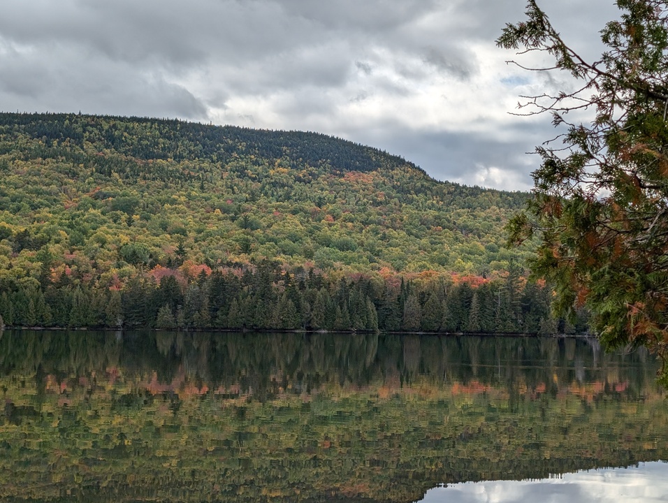 Mountainside reflected in lake with fall colored trees