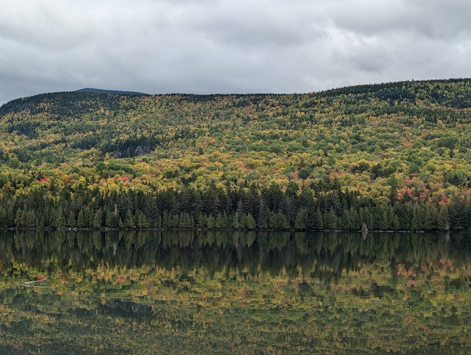 Mountainside reflected in lake with fall colored trees