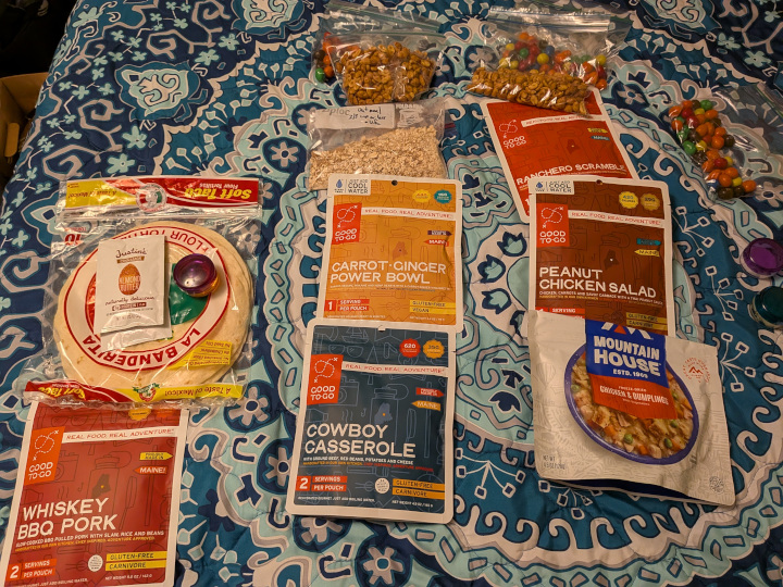 Dehydrated and other backpacking meals sorted ready to pack