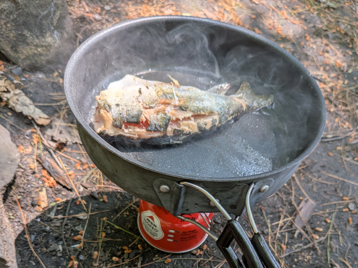 Fish cooking in a pan on a backpacking stove